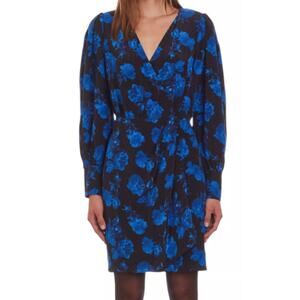 NWT The Kooples Black, Blue Floral White Dots Silk Wrap Mini Dress Size FR1/US4